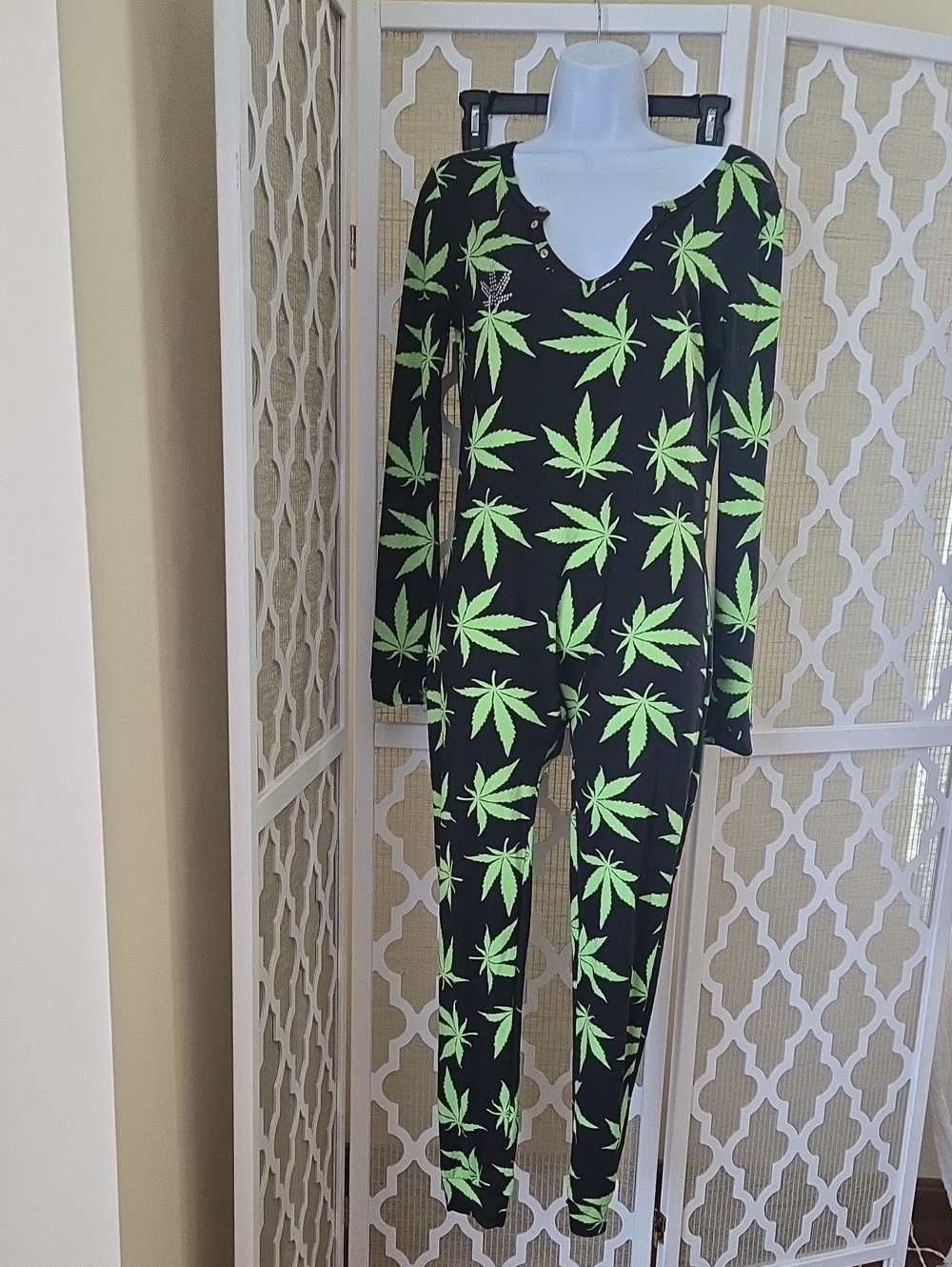 420 Black Jumpsuit with Neon Green Leaf Print